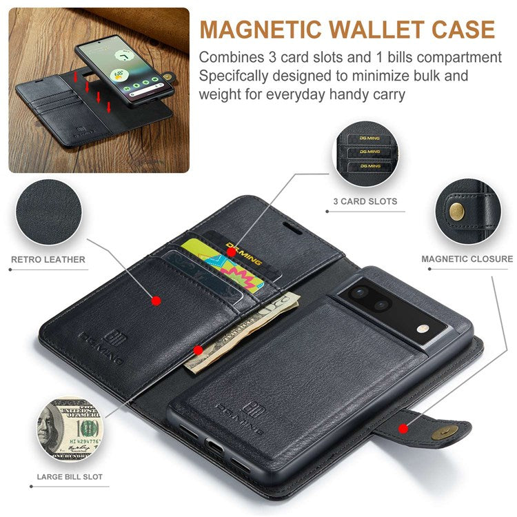 DG.MING For Google Pixel 6a Split Leather Wallet Stand Case Detachable 2-in-1 Phone Protective Cover - Black