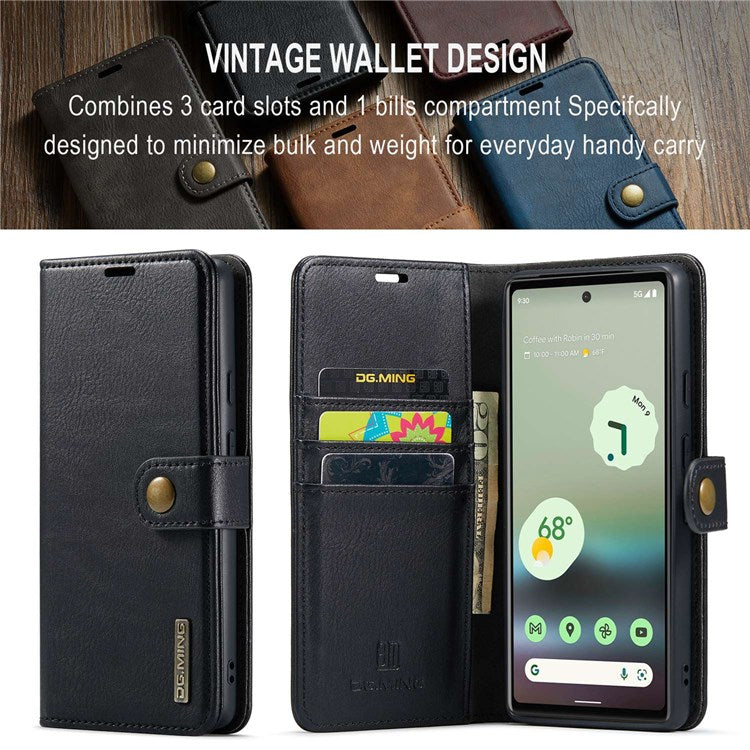 DG.MING For Google Pixel 6a Split Leather Wallet Stand Case Detachable 2-in-1 Phone Protective Cover - Black