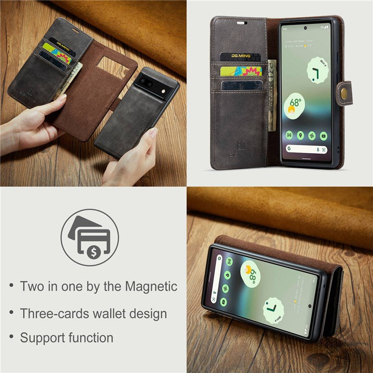 DG.MING For Google Pixel 6a Split Leather Wallet Stand Case Detachable 2-in-1 Phone Protective Cover - Grey
