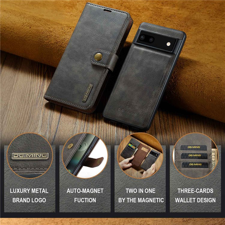DG.MING For Google Pixel 6a Split Leather Wallet Stand Case Detachable 2-in-1 Phone Protective Cover - Grey
