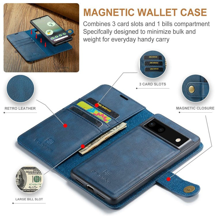 DG.MING For Google Pixel 6a Split Leather Wallet Stand Case Detachable 2-in-1 Phone Protective Cover - Blue