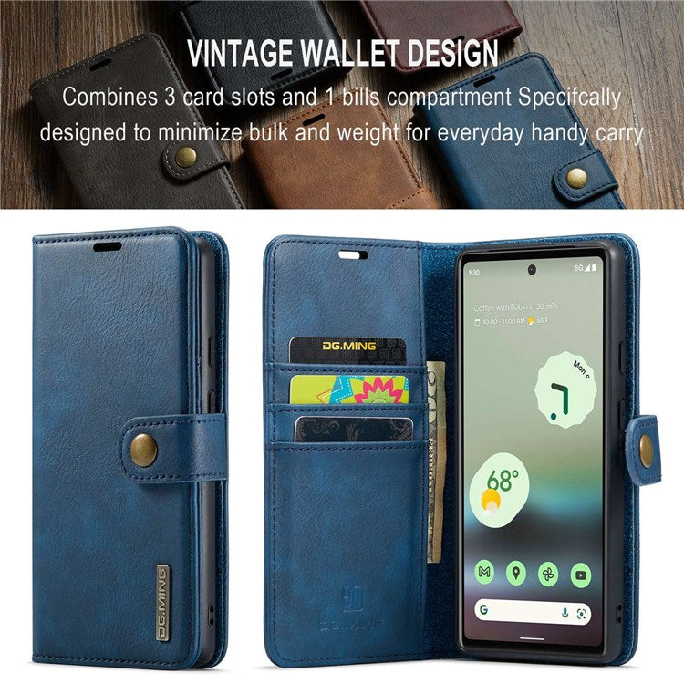 DG.MING For Google Pixel 6a Split Leather Wallet Stand Case Detachable 2-in-1 Phone Protective Cover - Blue