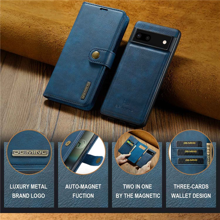 DG.MING For Google Pixel 6a Split Leather Wallet Stand Case Detachable 2-in-1 Phone Protective Cover - Blue