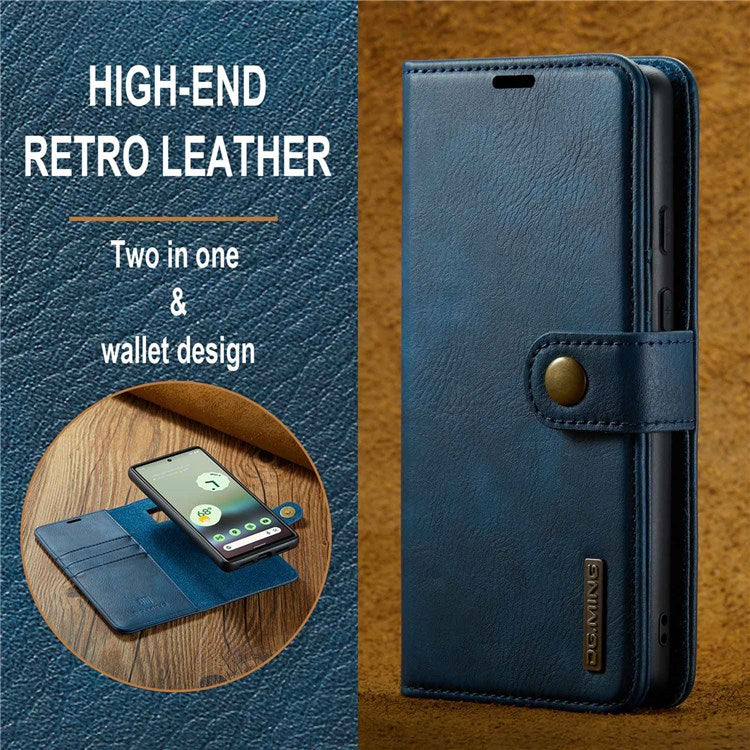 DG.MING For Google Pixel 6a Split Leather Wallet Stand Case Detachable 2-in-1 Phone Protective Cover - Blue