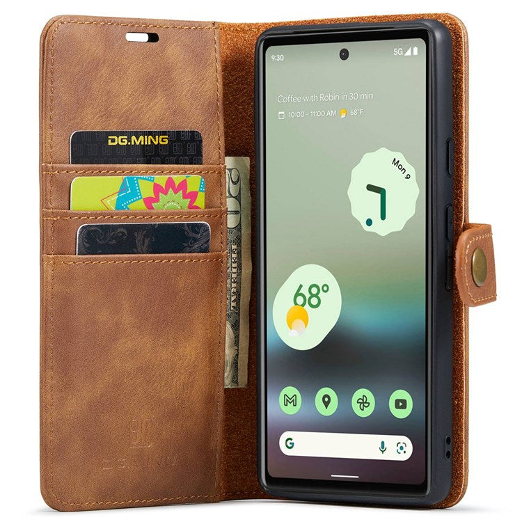 DG.MING For Google Pixel 6a Split Leather Wallet Stand Case Detachable 2-in-1 Phone Protective Cover - Brown