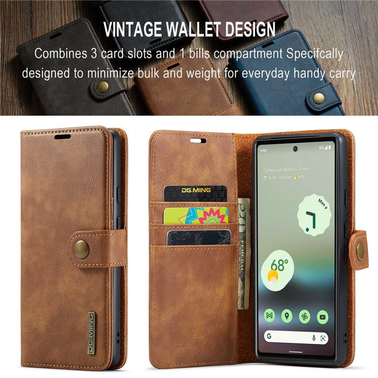 DG.MING For Google Pixel 6a Split Leather Wallet Stand Case Detachable 2-in-1 Phone Protective Cover - Brown