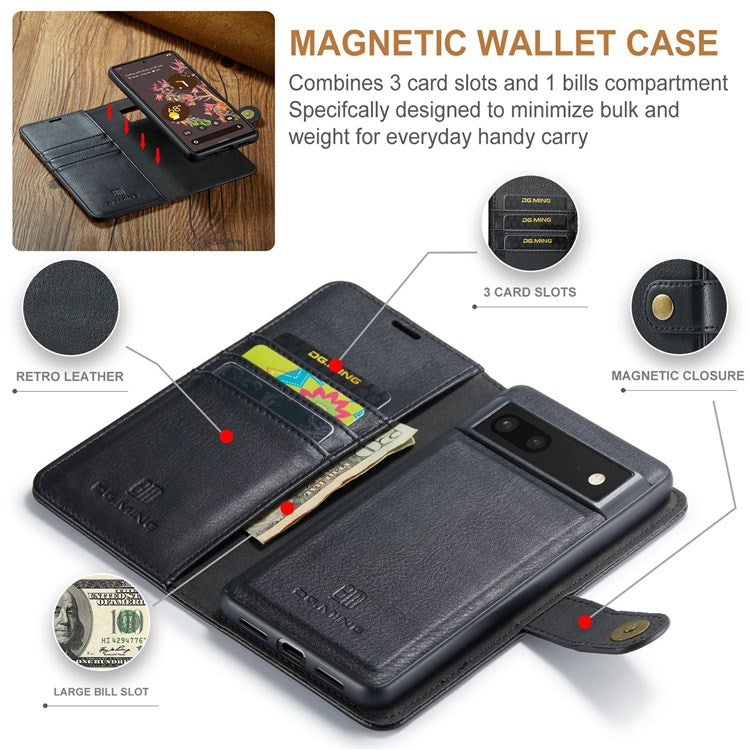 DG.MING For Google Pixel 7 5G Magnetic Absorption Split Leather Case Wallet Stand Detachable Phone Cover - Black
