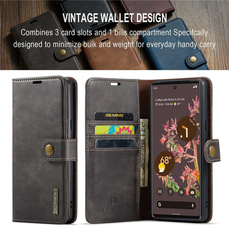 DG.MING For Google Pixel 7 5G Magnetic Absorption Split Leather Case Wallet Stand Detachable Phone Cover - Grey
