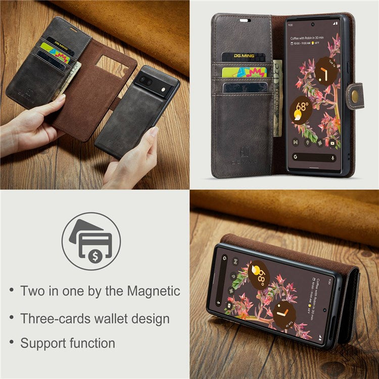 DG.MING For Google Pixel 7 5G Magnetic Absorption Split Leather Case Wallet Stand Detachable Phone Cover - Grey