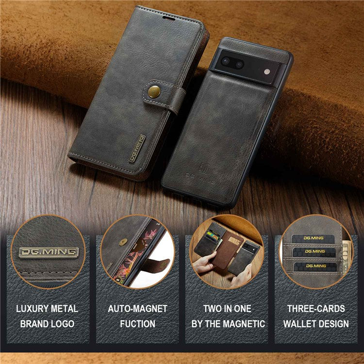 DG.MING For Google Pixel 7 5G Magnetic Absorption Split Leather Case Wallet Stand Detachable Phone Cover - Grey