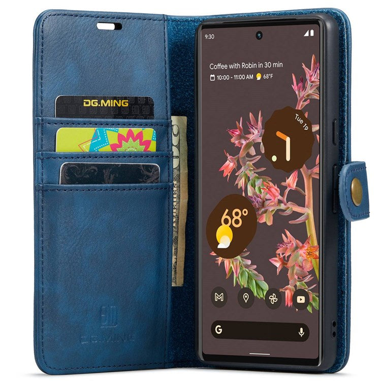 DG.MING For Google Pixel 7 5G Magnetic Absorption Split Leather Case Wallet Stand Detachable Phone Cover - Blue