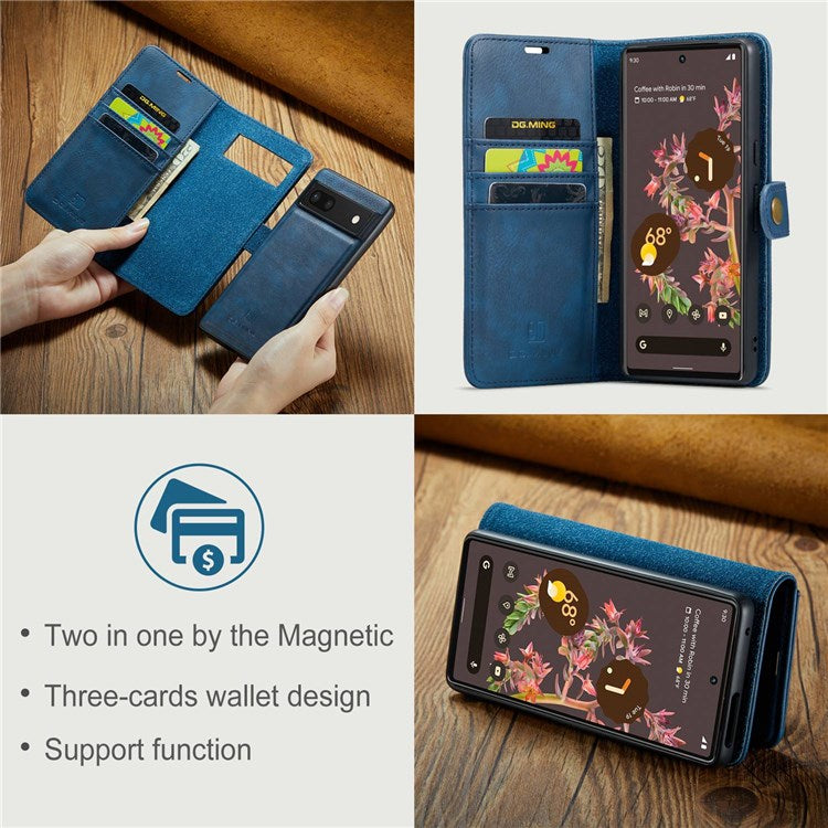 DG.MING For Google Pixel 7 5G Magnetic Absorption Split Leather Case Wallet Stand Detachable Phone Cover - Blue