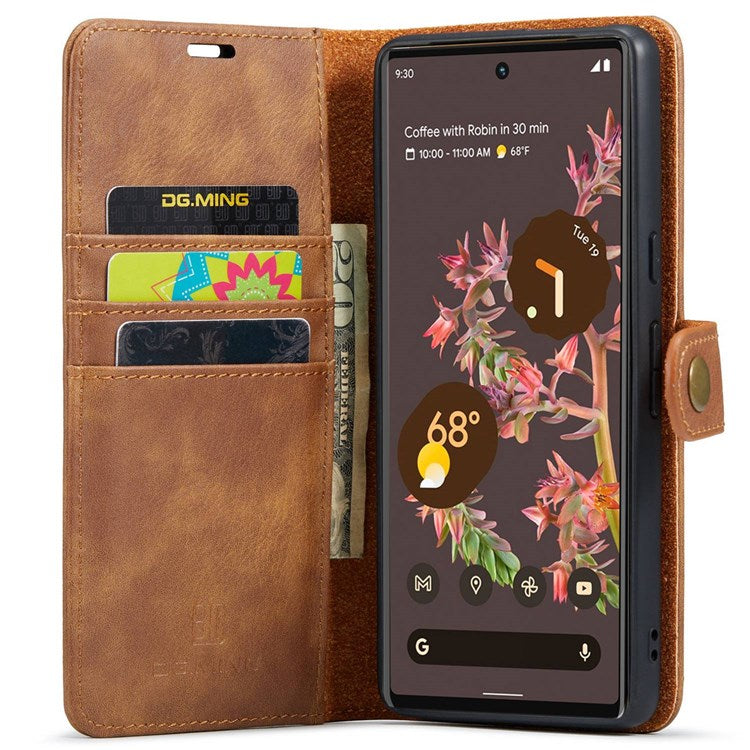 DG.MING For Google Pixel 7 5G Magnetic Absorption Split Leather Case Wallet Stand Detachable Phone Cover - Brown