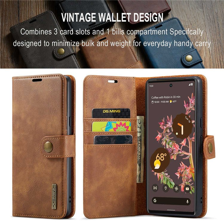 DG.MING For Google Pixel 7 5G Magnetic Absorption Split Leather Case Wallet Stand Detachable Phone Cover - Brown