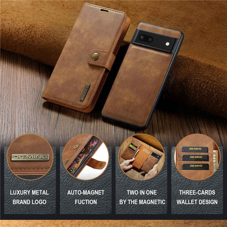 DG.MING For Google Pixel 7 5G Magnetic Absorption Split Leather Case Wallet Stand Detachable Phone Cover - Brown