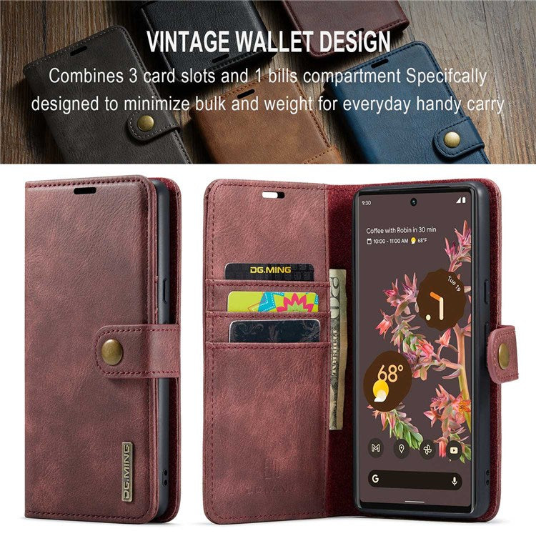 DG.MING For Google Pixel 7 5G Magnetic Absorption Split Leather Case Wallet Stand Detachable Phone Cover - Red