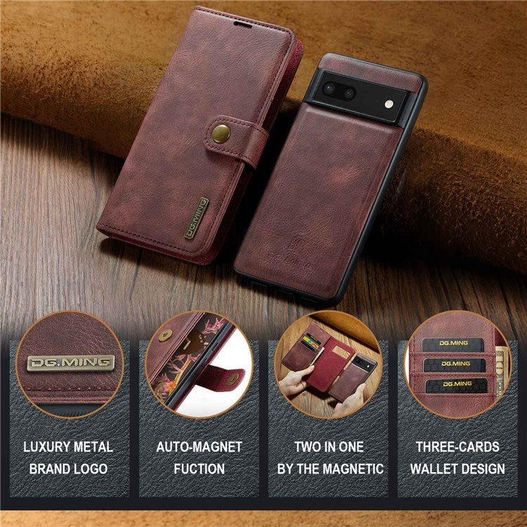 DG.MING For Google Pixel 7 5G Magnetic Absorption Split Leather Case Wallet Stand Detachable Phone Cover - Red