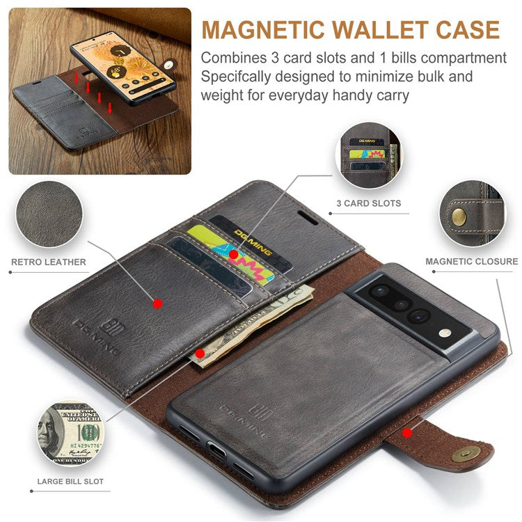 DG.MING For Google Pixel 7 Pro 5G Detachable 2-in-1 Phone Case Split Leather Wallet Stand Drop-proof Protective Cover - Grey