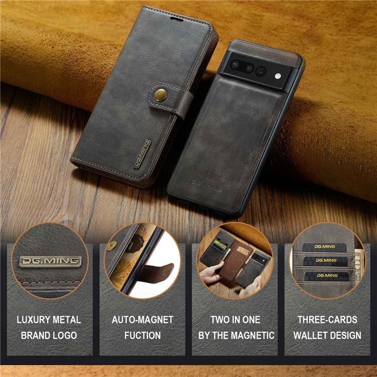 DG.MING For Google Pixel 7 Pro 5G Detachable 2-in-1 Phone Case Split Leather Wallet Stand Drop-proof Protective Cover - Grey