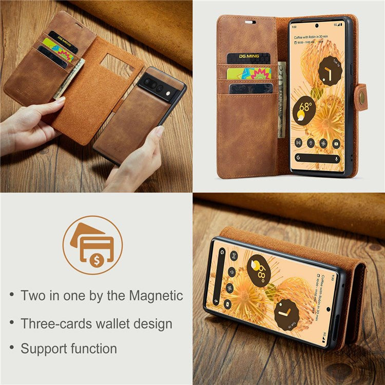 DG.MING For Google Pixel 7 Pro 5G Detachable 2-in-1 Phone Case Split Leather Wallet Stand Drop-proof Protective Cover - Brown