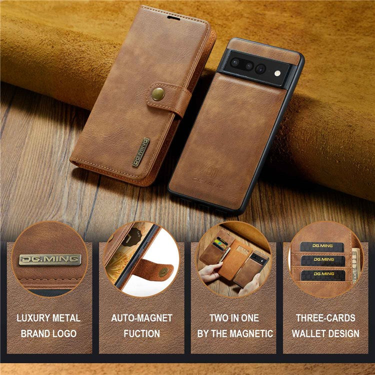 DG.MING For Google Pixel 7 Pro 5G Detachable 2-in-1 Phone Case Split Leather Wallet Stand Drop-proof Protective Cover - Brown