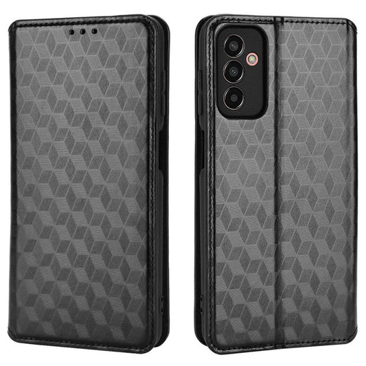 For Samsung Galaxy M13 4G Imprinting Rhombus Pattern PU Leather Cover Magnetic Auto-absorbed Phone Stand Wallet Case - Black