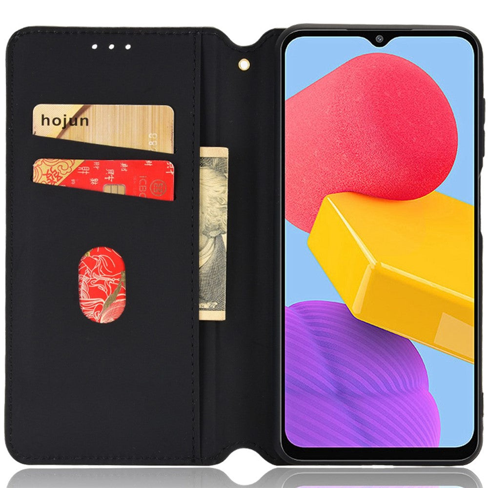 For Samsung Galaxy M13 4G Imprinting Rhombus Pattern PU Leather Cover Magnetic Auto-absorbed Phone Stand Wallet Case - Black