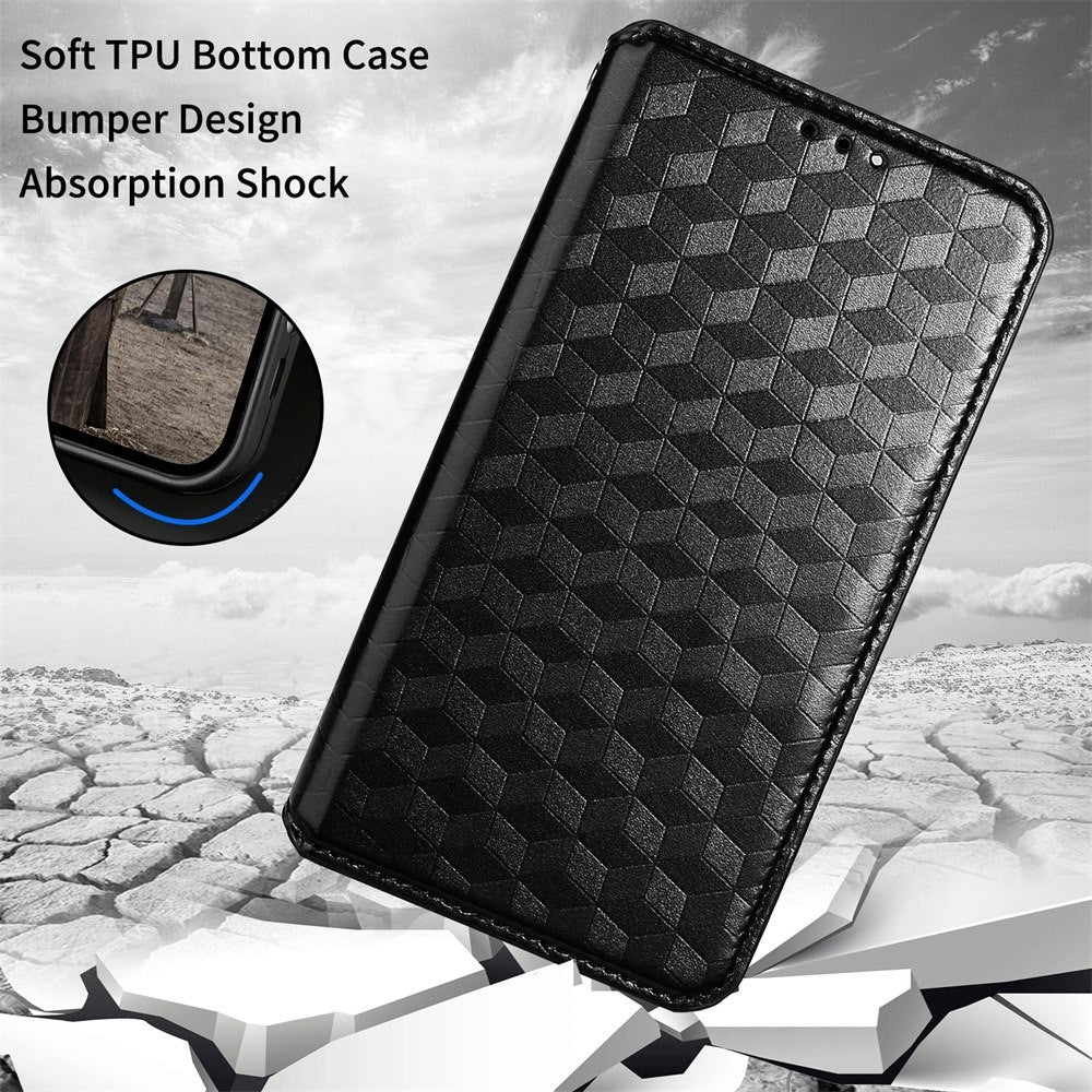For Samsung Galaxy M13 4G Imprinting Rhombus Pattern PU Leather Cover Magnetic Auto-absorbed Phone Stand Wallet Case - Black