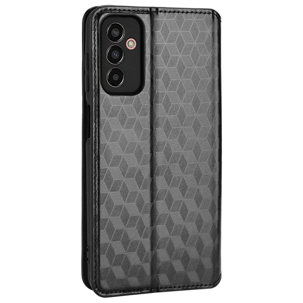For Samsung Galaxy M13 4G Imprinting Rhombus Pattern PU Leather Cover Magnetic Auto-absorbed Phone Stand Wallet Case - Black
