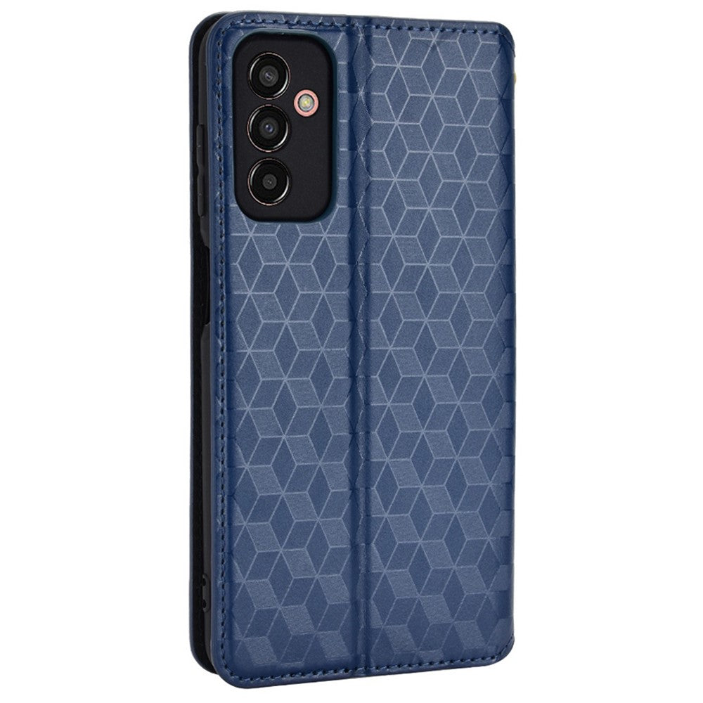 For Samsung Galaxy M13 4G Imprinting Rhombus Pattern PU Leather Cover Magnetic Auto-absorbed Phone Stand Wallet Case - Blue