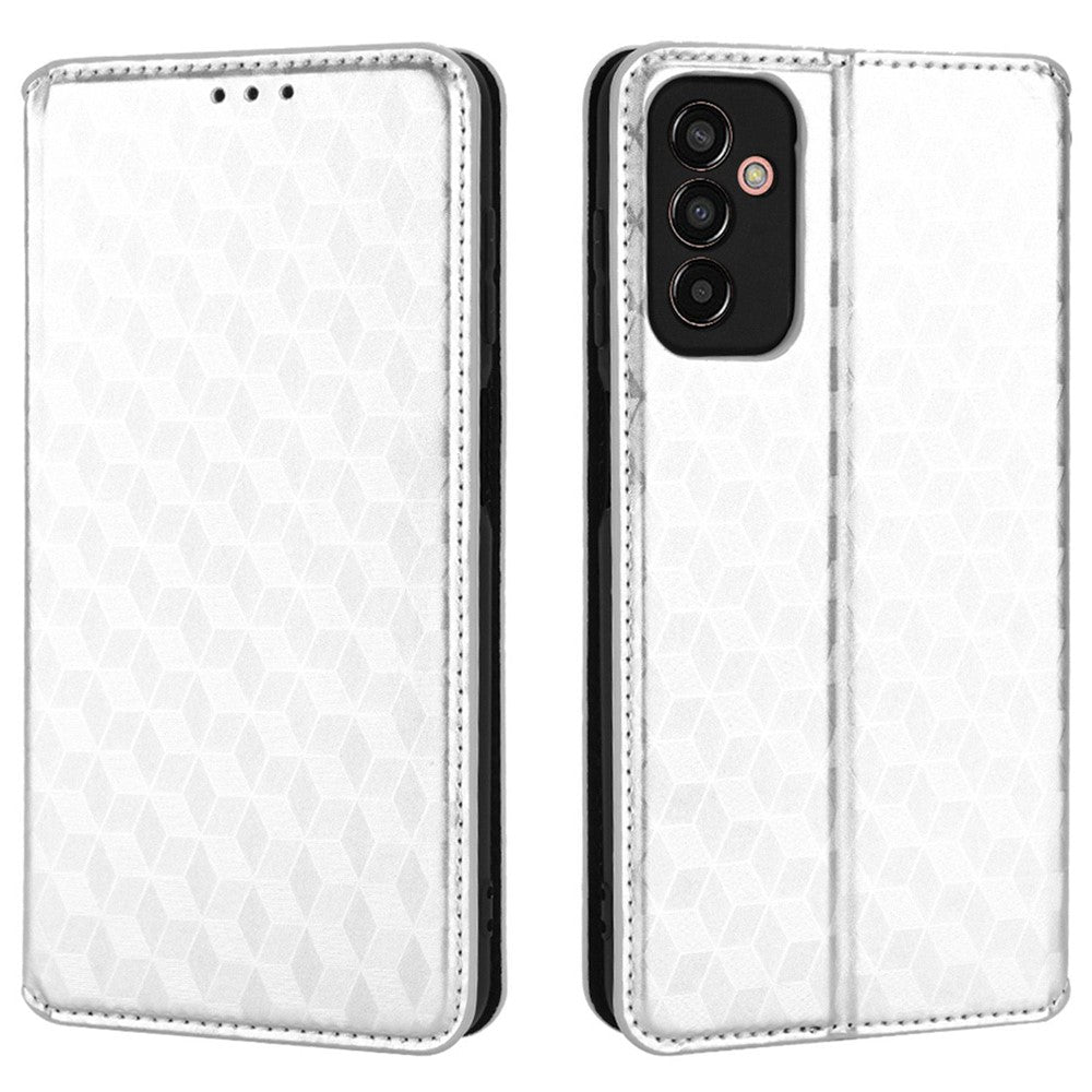 For Samsung Galaxy M13 4G Imprinting Rhombus Pattern PU Leather Cover Magnetic Auto-absorbed Phone Stand Wallet Case - Silver