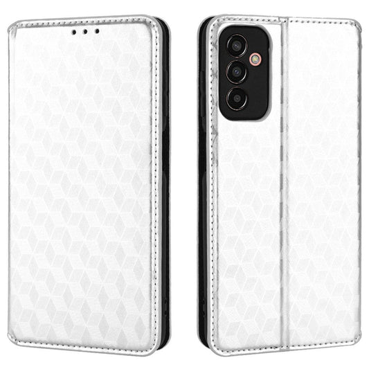 For Samsung Galaxy M13 4G Imprinting Rhombus Pattern PU Leather Cover Magnetic Auto-absorbed Phone Stand Wallet Case - Silver
