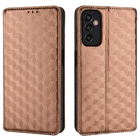 For Samsung Galaxy M13 4G Imprinting Rhombus Pattern PU Leather Cover Magnetic Auto-absorbed Phone Stand Wallet Case - Brown