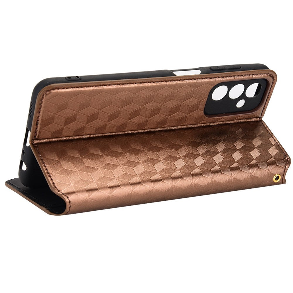For Samsung Galaxy M13 4G Imprinting Rhombus Pattern PU Leather Cover Magnetic Auto-absorbed Phone Stand Wallet Case - Brown