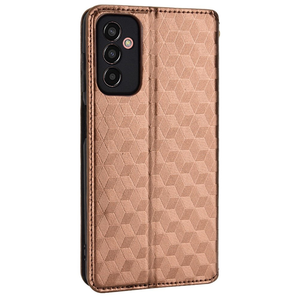 For Samsung Galaxy M13 4G Imprinting Rhombus Pattern PU Leather Cover Magnetic Auto-absorbed Phone Stand Wallet Case - Brown