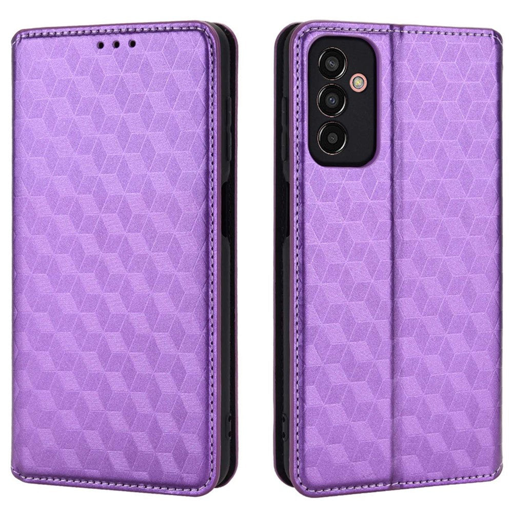 For Samsung Galaxy M13 4G Imprinting Rhombus Pattern PU Leather Cover Magnetic Auto-absorbed Phone Stand Wallet Case - Purple