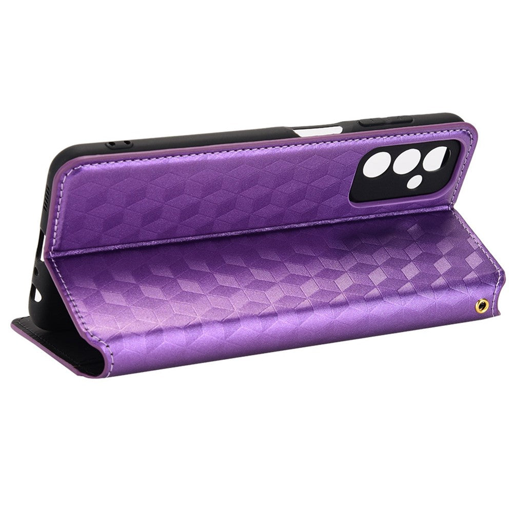 For Samsung Galaxy M13 4G Imprinting Rhombus Pattern PU Leather Cover Magnetic Auto-absorbed Phone Stand Wallet Case - Purple