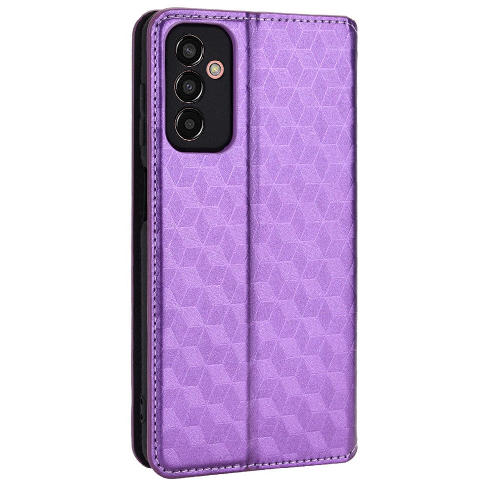 For Samsung Galaxy M13 4G Imprinting Rhombus Pattern PU Leather Cover Magnetic Auto-absorbed Phone Stand Wallet Case - Purple