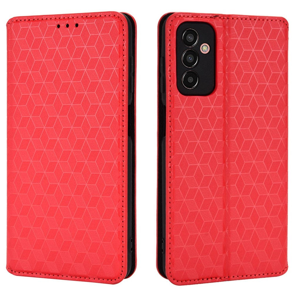For Samsung Galaxy M13 4G Imprinting Rhombus Pattern PU Leather Cover Magnetic Auto-absorbed Phone Stand Wallet Case - Red