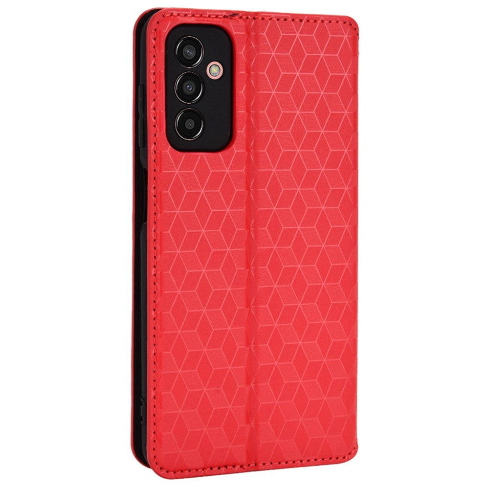 For Samsung Galaxy M13 4G Imprinting Rhombus Pattern PU Leather Cover Magnetic Auto-absorbed Phone Stand Wallet Case - Red