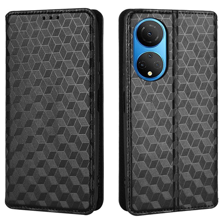 For Honor X7 Magnetic Adsorption Phone Stand Wallet Protective Case PU Leather Rhombus Imprint Cellphone Cover Shell - Black
