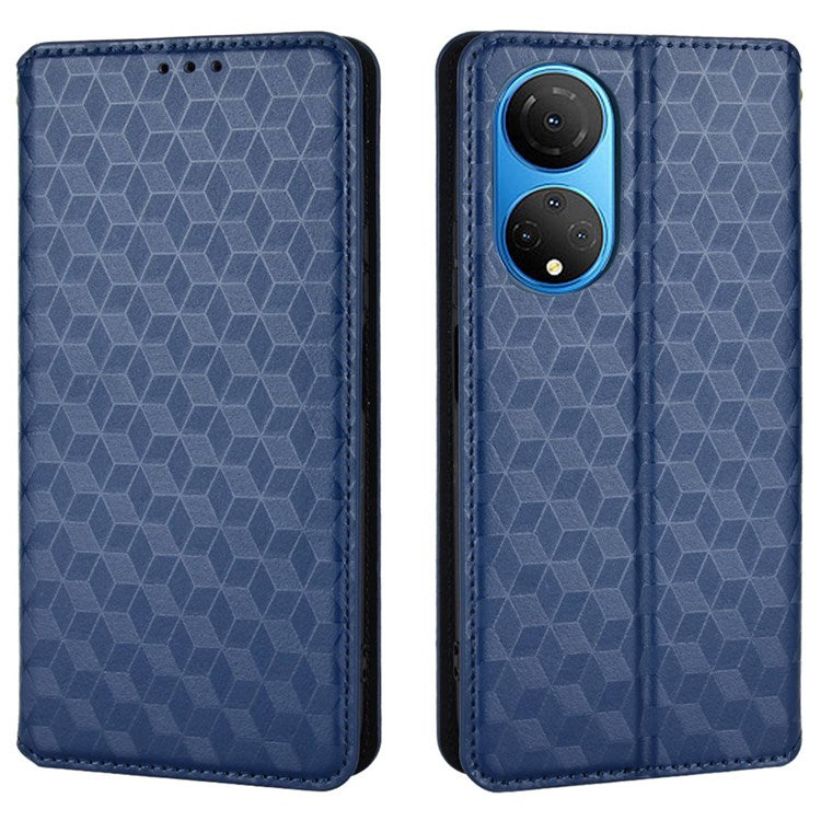 For Honor X7 Magnetic Adsorption Phone Stand Wallet Protective Case PU Leather Rhombus Imprint Cellphone Cover Shell - Blue