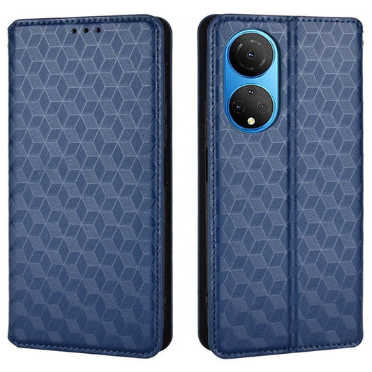 For Honor X7 Magnetic Adsorption Phone Stand Wallet Protective Case PU Leather Rhombus Imprint Cellphone Cover Shell - Blue