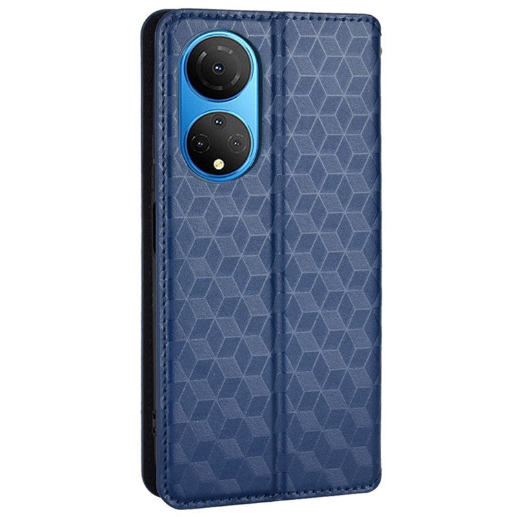 For Honor X7 Magnetic Adsorption Phone Stand Wallet Protective Case PU Leather Rhombus Imprint Cellphone Cover Shell - Blue