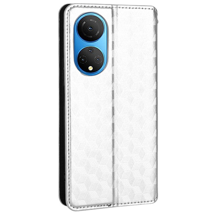 For Honor X7 Magnetic Adsorption Phone Stand Wallet Protective Case PU Leather Rhombus Imprint Cellphone Cover Shell - Silver