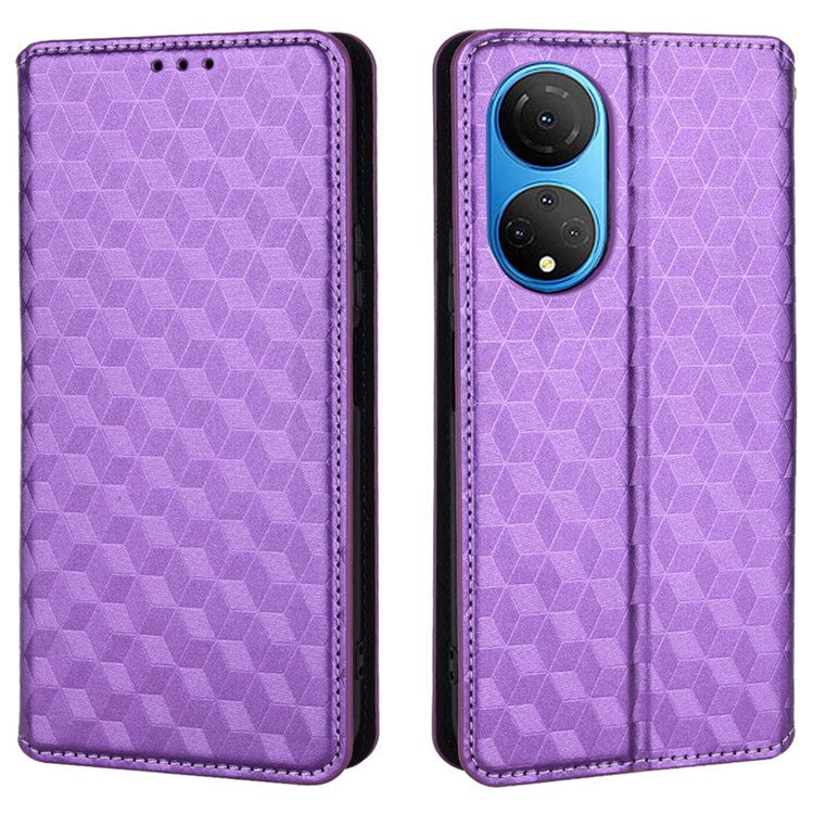 For Honor X7 Magnetic Adsorption Phone Stand Wallet Protective Case PU Leather Rhombus Imprint Cellphone Cover Shell - Purple