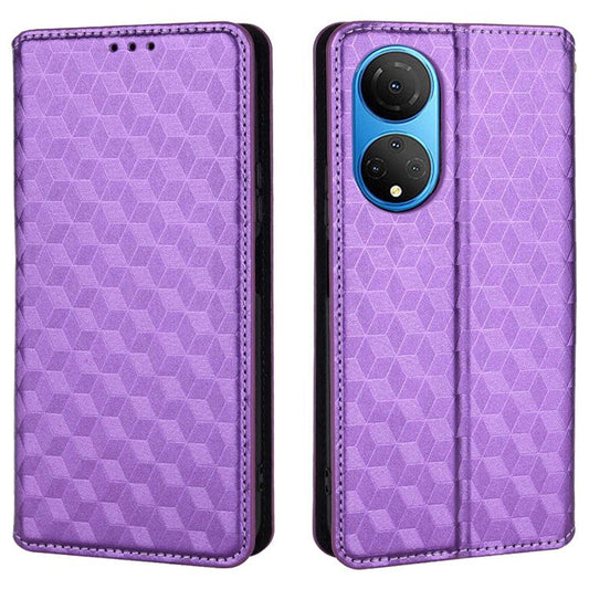 For Honor X7 Magnetic Adsorption Phone Stand Wallet Protective Case PU Leather Rhombus Imprint Cellphone Cover Shell - Purple