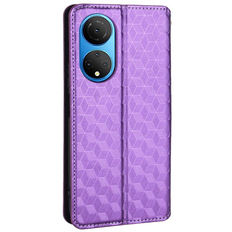 For Honor X7 Magnetic Adsorption Phone Stand Wallet Protective Case PU Leather Rhombus Imprint Cellphone Cover Shell - Purple
