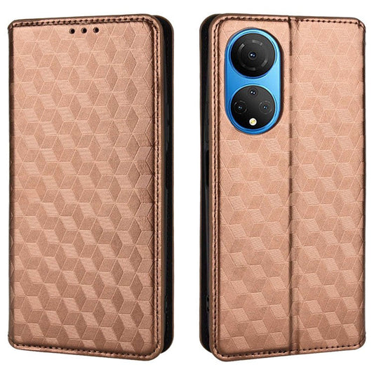 For Honor X7 Magnetic Adsorption Phone Stand Wallet Protective Case PU Leather Rhombus Imprint Cellphone Cover Shell - Brown