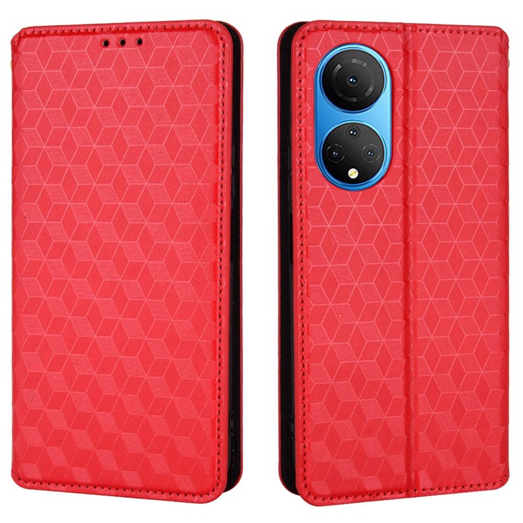 For Honor X7 Magnetic Adsorption Phone Stand Wallet Protective Case PU Leather Rhombus Imprint Cellphone Cover Shell - Red